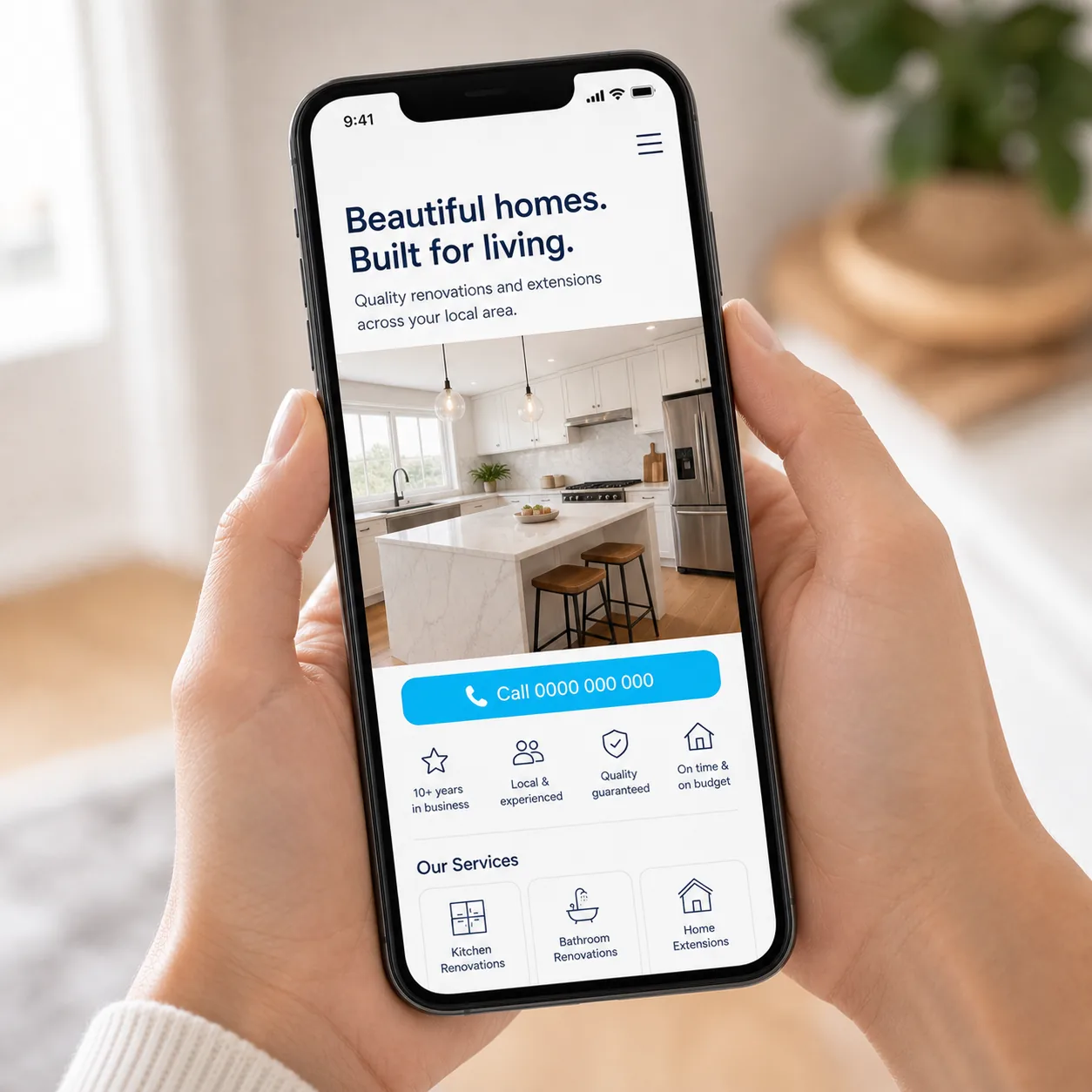 The Baker & Sons Electrical website on a phone: one tap to call, a short form, the suburbs covered